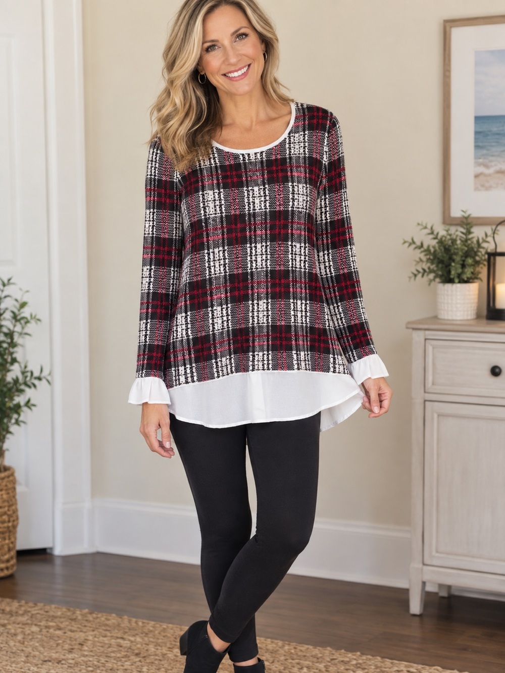 Elle Red Black White Plaid Knit Top with Layered Hem Like New -sz Med